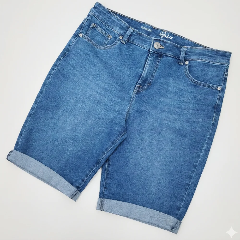 Style & Co. Size 10 Shorts Bermuda Long Blue Cotton Denim Stretch Cuff 5 Pocket